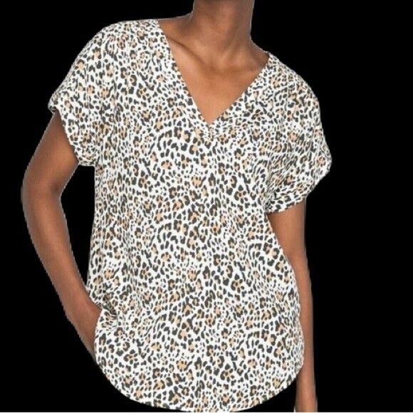 Gap Low Cut V-Neck‎ Loose Fit Animal Print Women’s Short Sleeve Cuff Blouse Xl - Picture 10 of 16